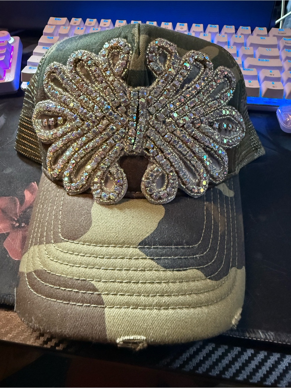 Embellished Camo Trucker Hat - Olive Green